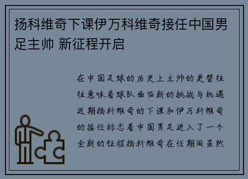 扬科维奇下课伊万科维奇接任中国男足主帅 新征程开启